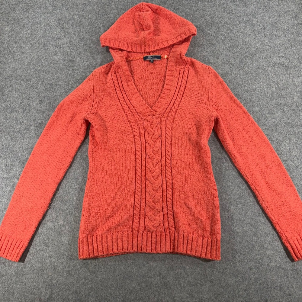 Tommy Bahama Denim Womens Coral Orange Cable Knit Hooded V-Neck Sweater M